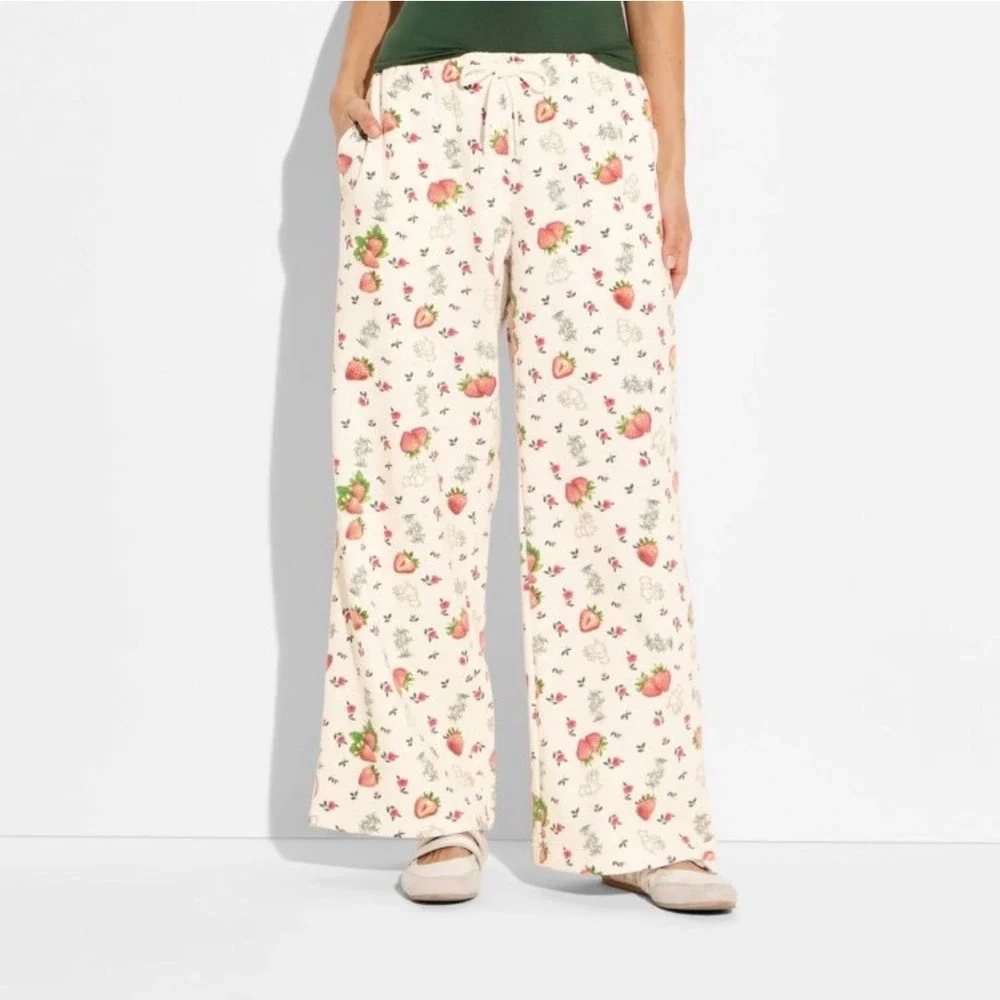 Disney Winnie the Pooh Strawberry Wide Leg Pajama Pants Off White XXL NWT - Picture 6 of 7